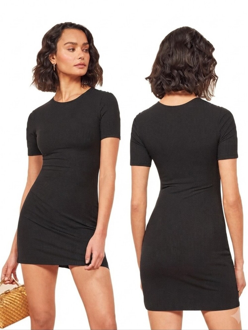 Reformation Kendy Black Ribbed Short Sleeve Mini Tee Shirt Dress Summer Size S